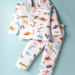 Doreme Single Jersey Knit Full Sleeves Co-ords Night Suit with Beach Theme Print - White-picture-15