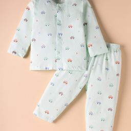 Zero Interlock Knit Full Sleeves Front Open Co-Ord Night Suit With Vehicle Print - Aqua Blue-picture-49