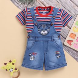 TOONYPORT Cotton Knit Animal Embroidered Mild Washed Dungaree With Half Sleeves Striped Tee - Blue-picture-22