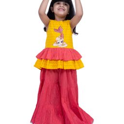 Twisha Cotton Woven Sleeveless Mermaid Printed Layered Top With Sharara Set - Yellow & Coral-picture-43