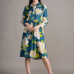 BAESD Women Floral Printed Mandarin Collar Cotton Fit and Flare Dress-image-89
