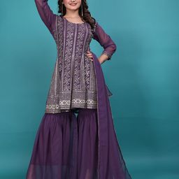 Happy Design Women Embroidered Regular Sequinned Kurta with Sharara & With Dupatta-image-64
