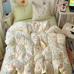 JC HOME Green & Cream-Coloured Quirky Polycotton 4 Piece Single Regular Bedding Set-picture-20