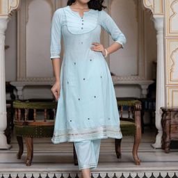 Juniper Yoke design notch Neck Gotta Patti Pure Cotton A-Line Kurta With Trousers-29