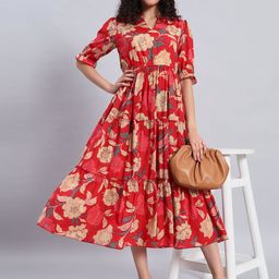 PIDAVLIYA'S Floral Print A-Line Midi Dress-image-9