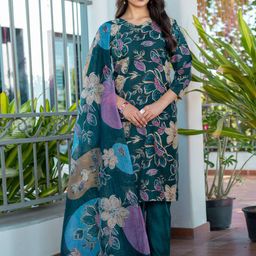 Anouk Floral Printed V-Neck Straight Kurta With Trousers & Dupatta-image-92