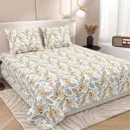 Myntra Elegant Homes White & Green Floral 220 TC King Bedsheet with 2 Pillow Covers-image-40