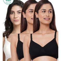 Inner Sense Pack Of 3 Solid Organic Cotton Antimicrobial Padded Non Wired Feeding Bra - Black-image-16