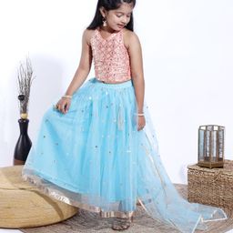 Babyhug Sleeveless Choli & Lehenga With Dupatta Sequins - Blue-image-33
