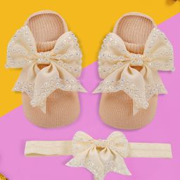 Baby Moo Bedazzled Anti Skid Bow Detailing Socks With Headband - Cream-image-63