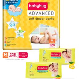 Babyhug Advanced Pant Style Diapers Medium (M) Size Mega Monthly Box Pack - 228 Pieces & Babyhug Premium 98% Water Baby Wet Wipes with Lemon Scent - 72 Pieces - (Pack of 2)-2