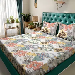 Arrabi White & Green Floral 300 TC King Bedsheet with 2 Pillow Covers-image-82