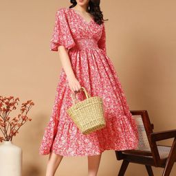 Raiyani Fashion Women Floral Printed Bell Sleeve Applique Crepe Fit & Flare Midi Dress-image-82