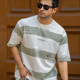 Maniac Men Striped Round Neck Cotton Oversized T-shirt-image-76