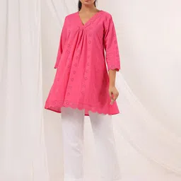 Janasya Women Pink Pure Cotton Schiffli A-line Tunic-image-49