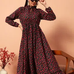 ZWERLON Floral Print Tie-Up Neck A-Line Maxi Dress-image-65