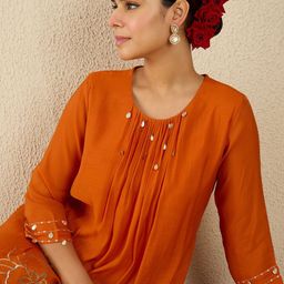 Indo Era Floral Embroidered Round Neck A-Line Tunic With Trousers-picture-32