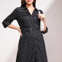 Tokyo Talkies Women Polka Dot Shirt Collar Three-Quarter Sleeves Printed Shirt Midi Dress-image-38