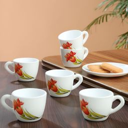 Larah by BOROSIL Iris White & Green 6 Pieces Floral Printed Matte Cups 140ml-2
