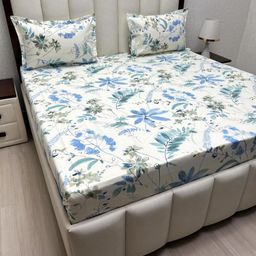Pure Decor White & Blue Floral Pure Cotton230 TC King Bedsheet with 2 Pillow Covers-image-62