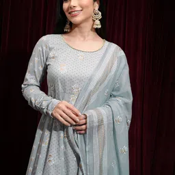Vishudh Grey Floral Printed Regular Anarkali Kurta with Trousers & Dupatta image 5