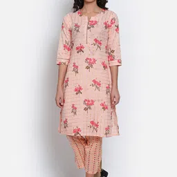 MARC LOUIS Floral Printed Notch Neck Pure Cotton Straight Kurta With Trousers-image-96