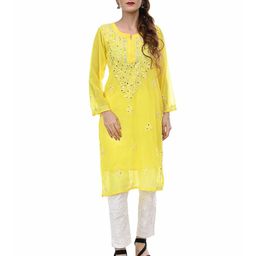 BEAUTY CHIKAN HANDICRAFTS Floral Embroidered Notch Neck Mirror Work Georgette Kurta-image-87