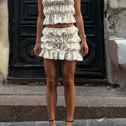 LULU & SKY Halter Neck Ruched Backless Top With Short Skirt-image-10