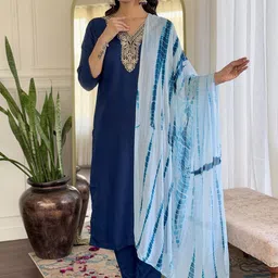 Divyadham Textiles Embroidered Zari V-Neck Straight Kurta With Trousers & Dupatta-picture-50