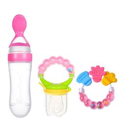 Joy Buzz Kids Set Of 3 Food Feeder Bottle Fruit Nibbler & Rattle Teether - Pink-12