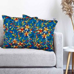 Vinayaka Fab Blue & Yellow 2 Pieces Floral Embroidered Silk Square Shaped Cushion Covers-image-45