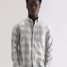 RARE RABBIT Men Comfort Fit Buffalo Checked Button-Down Collar Linen Casual Shirt-image-1