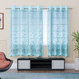 Aura Blue 2 Pieces Floral Embroidered Pure Cotton Window Curtain-image-80