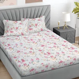 FABINALIV Beige & Pink Floral 300 TC King Bedsheet with 2 Pillow Covers-image-59