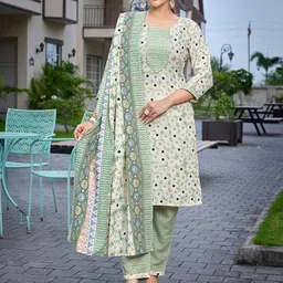ODETTE Light Green Cotton Blend Printed Stiched Kurta Set For Women-picture-29