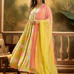 Sangria Floral Printed & Embroidered Alia Cut Kurta & Palazzo With Dupatta-picture-51