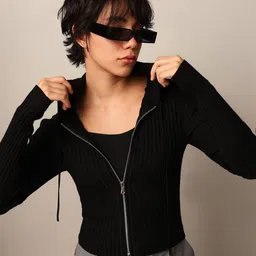 ONLY Women Striped Crop Cardigan with Zip Detail-image-19