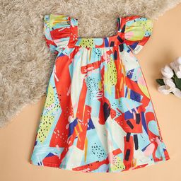 Stylo Bug Girls Cotton Abstract Printed Flutter Sleeve A-Line Dress-picture-11