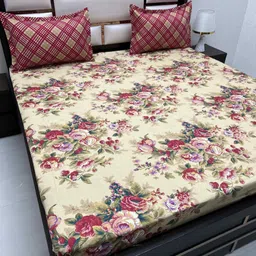 Pure Decor Beige & Red Floral 220 TC King Bedsheet with 2 Pillow Covers-image-96