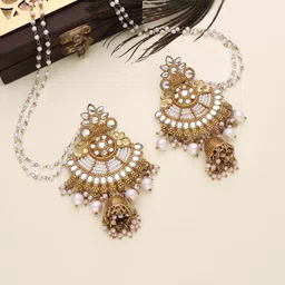 Brado Jewellery Gold-Plated Stones Studded & Beaded Floral Shaped Drop Earrings With Chain-13