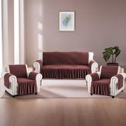 Kuber Industries Maroon Velvet 3 Piece Sofa Cover With Arms-77
