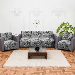 Myntra Elegant Homes Black & Grey 10 Pieces Flower Textured Cotton 5 Seater Sofa Covers-11
