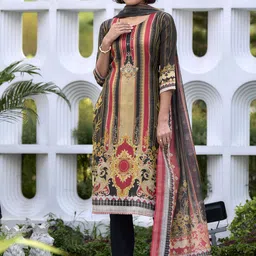 BE IN TEXO FAB Ethnic Motifs Printed Round Neck Sequinned Kurta With Trousers & Dupatta-0