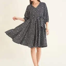 aayu Women Floral Print Puff Sleeve Crepe Fit & Flare Dress-image-42