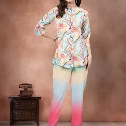 Moda Rapido Ombre Printed Mandarin Collar Neck Shirt With Trousers Co-Ords-image-22