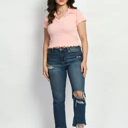 Brainbees Ribbed Shirt Collar Cotton Crop Top-image-40