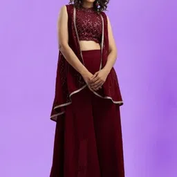PARROT CREATION Sweta Embroidered Halter Neck Georgette Crop Top With Palazzos & Shrug-image-59