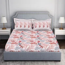 SPACES Pink & White Floral 144 TC King Bedsheet with 2 Pillow Covers-94