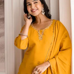 SANISA Women Mustard Embroidered Silk Blend Kurta & Trousers With Dupatta-picture-36