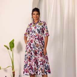 FLAVIA CREATION Women Floral Printed Shirt Collar Cotton A-Line Midi Dress-image-13